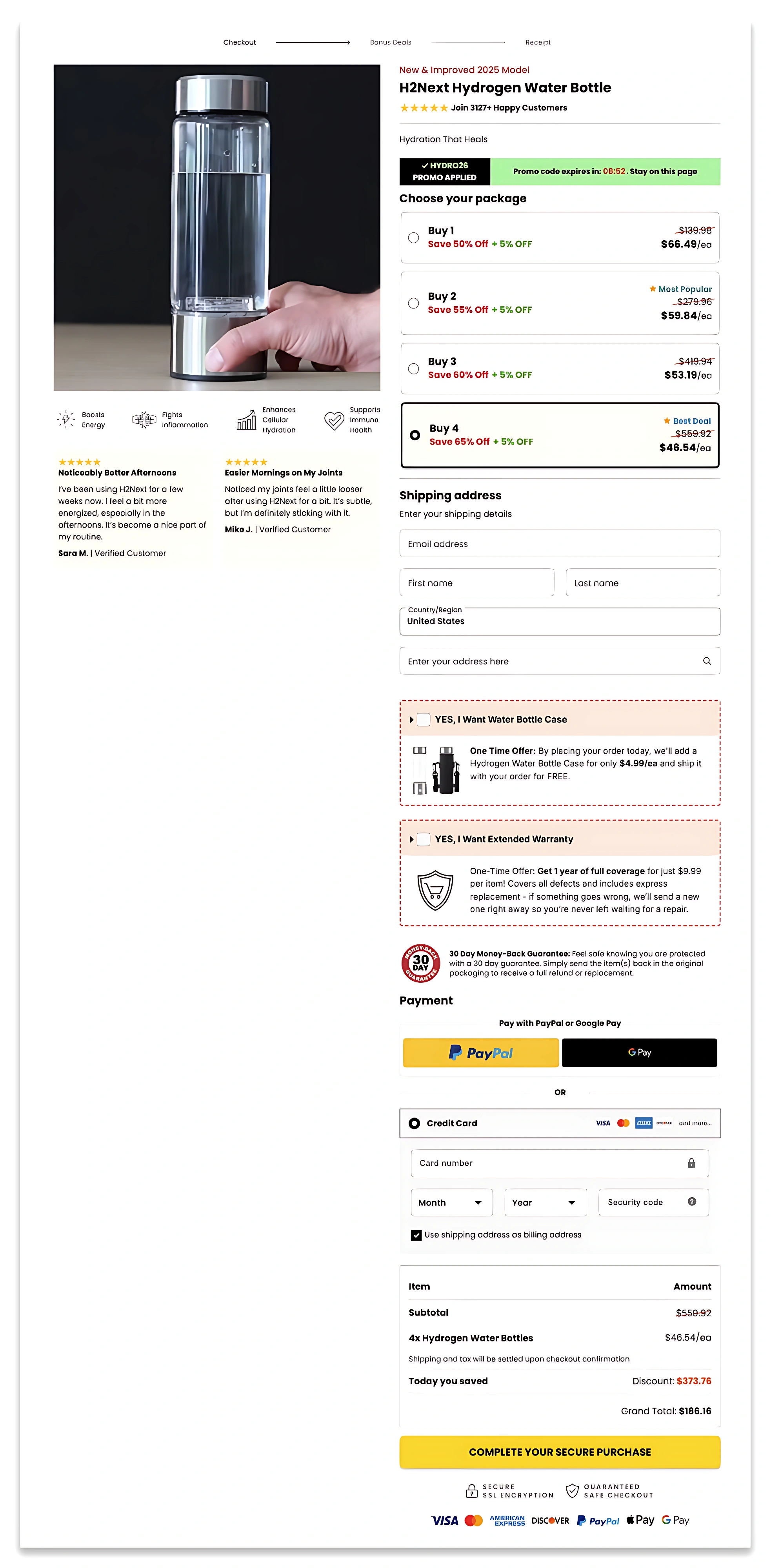 H2Next Hydrogen Water Bottle checkout page.